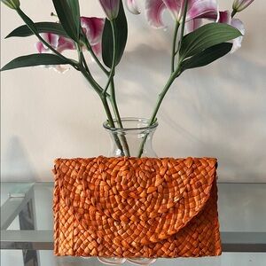 Orange Woven Straw Clutch